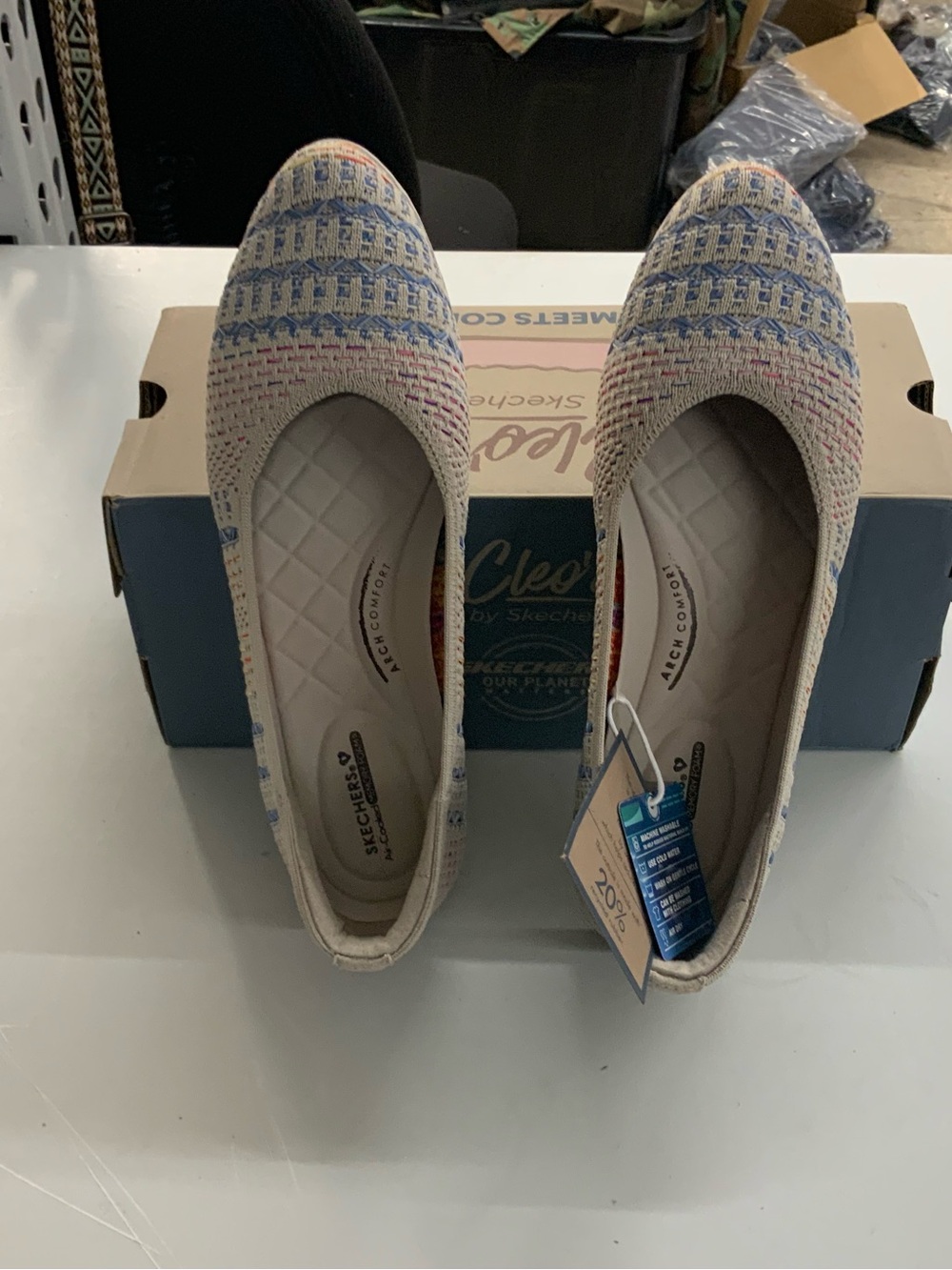 Skechers Cleo Slip-On Knit Ballet Flats in Cream with Blue and Pink Accents